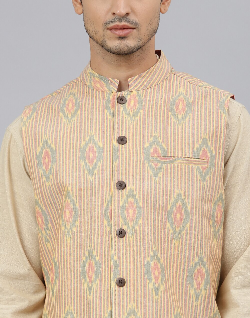 Chinese Collar Cotton Ikat Print Nehru Jacket
