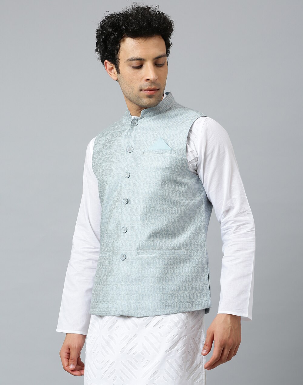 Chinese Collar Viscose Silk Jacquard Nehru Jacket