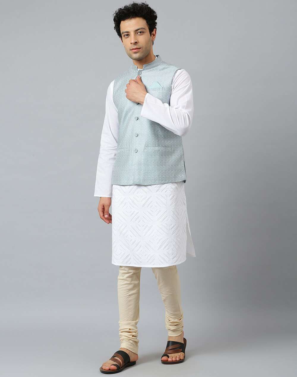 Chinese Collar Viscose Silk Jacquard Nehru Jacket