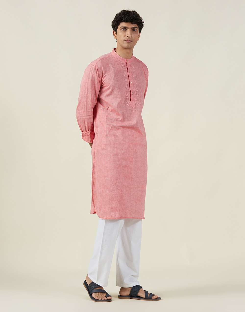 Cotton Chikankari Slim Fit Long Kurta With Cuff