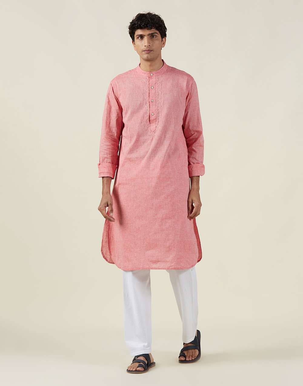 Cotton Chikankari Slim Fit Long Kurta With Cuff