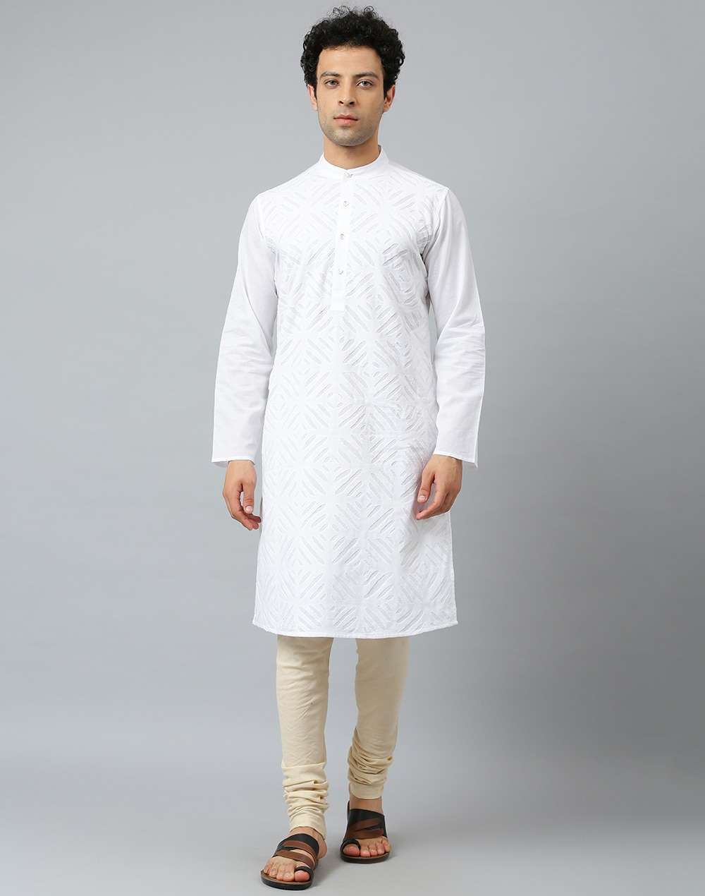 Chinese Collar Cotton Applique Slim Fit Long Kurta