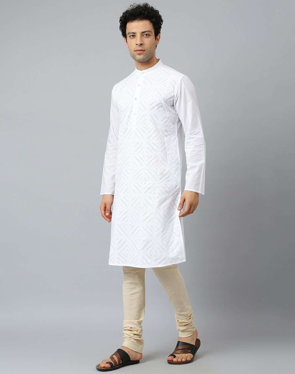 Chinese Collar Cotton Applique Slim Fit Long Kurta