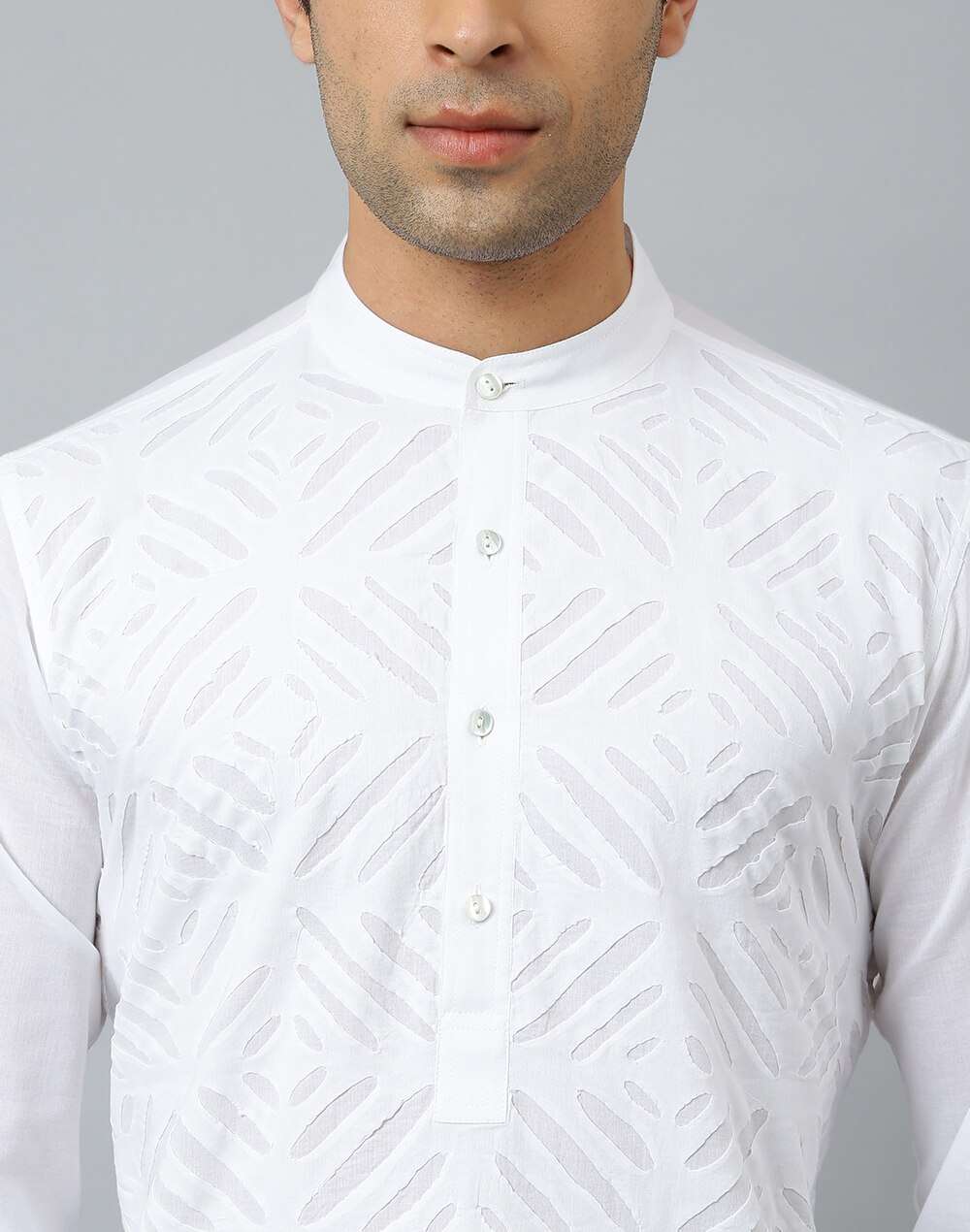Chinese Collar Cotton Applique Slim Fit Long Kurta