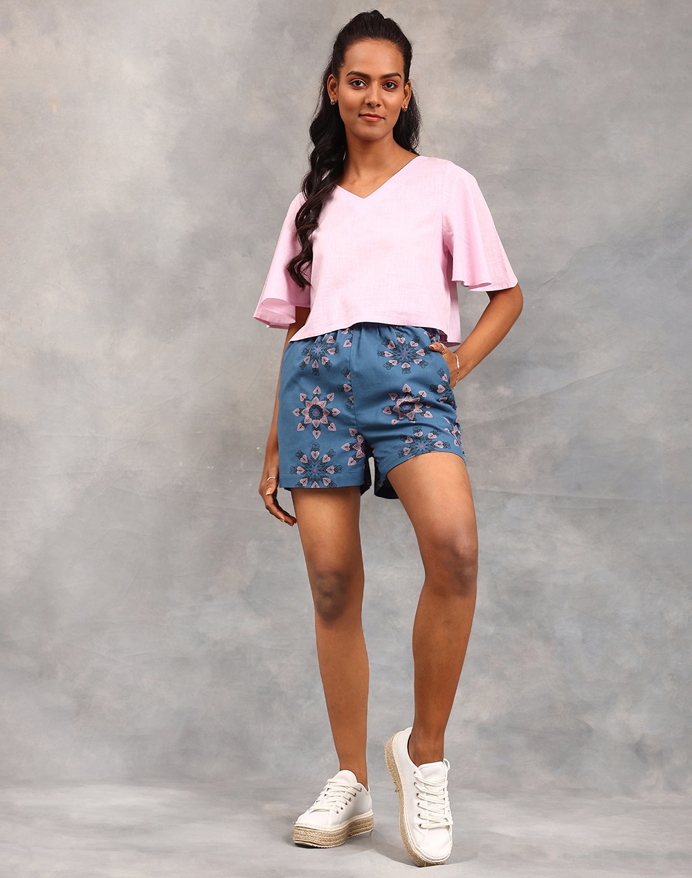 FabNu Teal Cotton Linen Printed Shorts