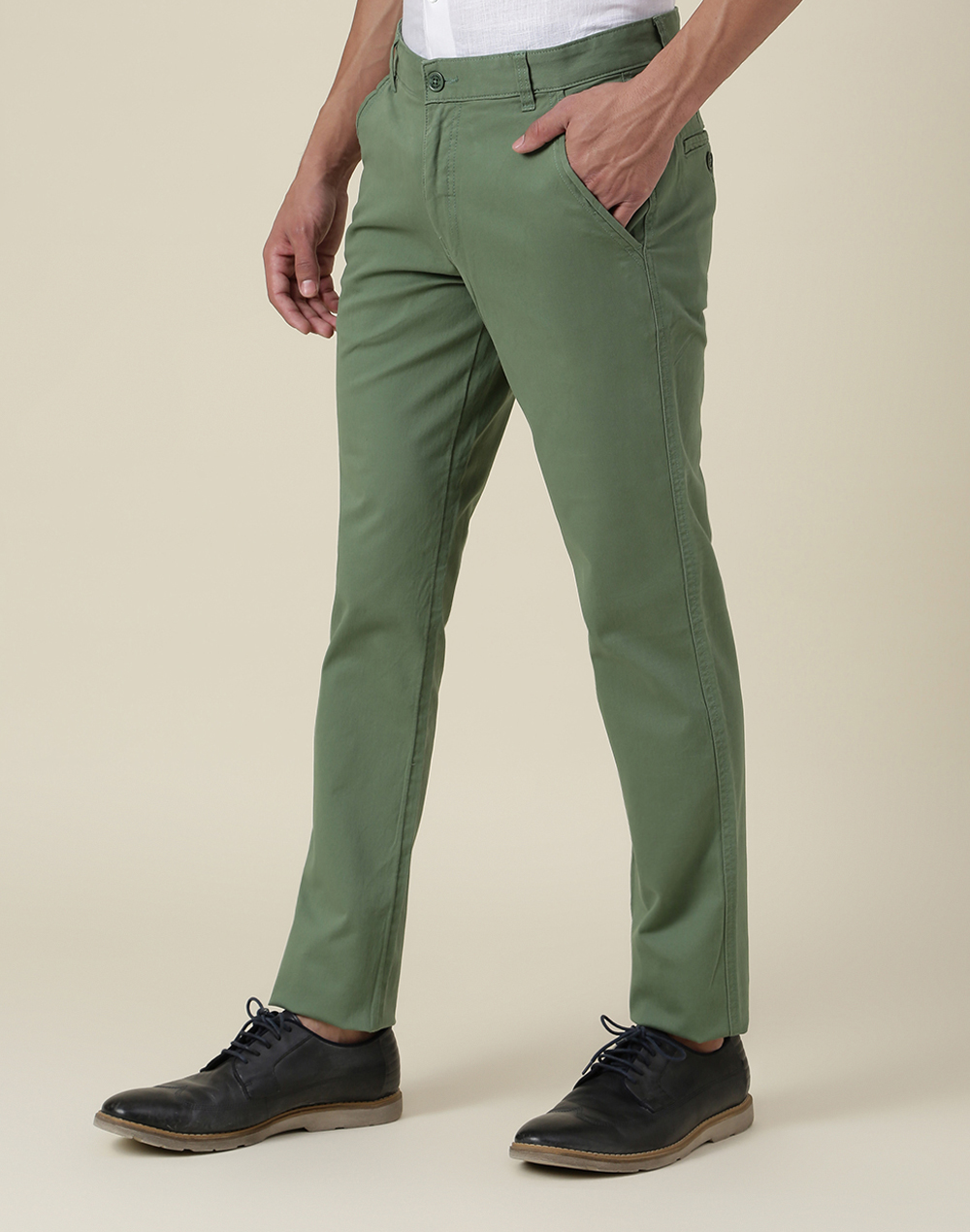Green Cotton Slim Fit Regular Pants