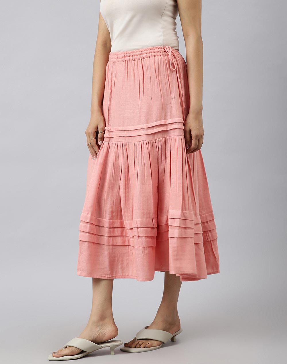Pink Cotton Calf Length Midi Skirt