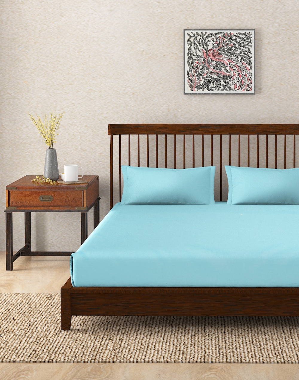 Teal Rihan Cotton Double Bed Sheet Set With 2 Pillow Covers