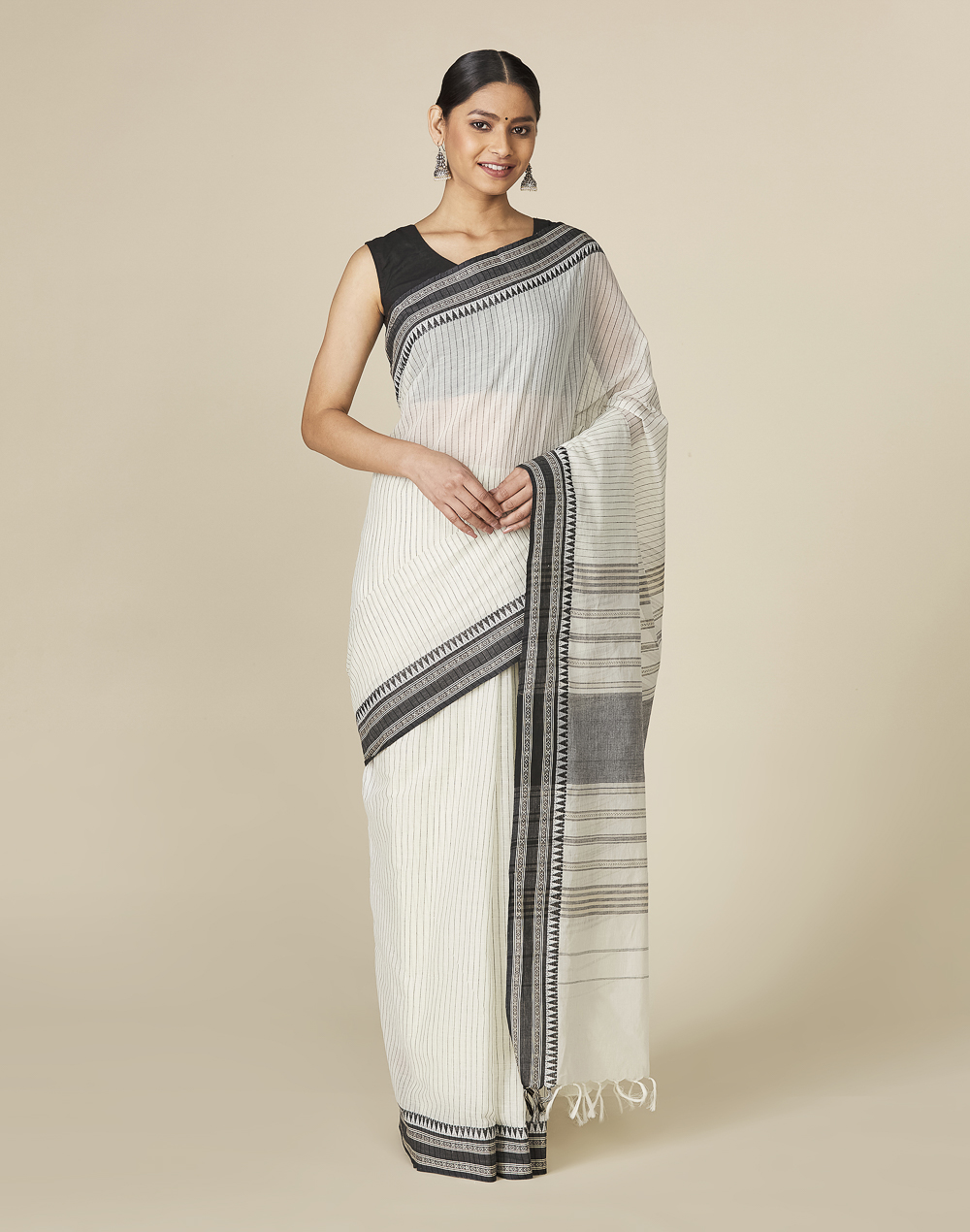 Off White Cotton Hand Woven Sari