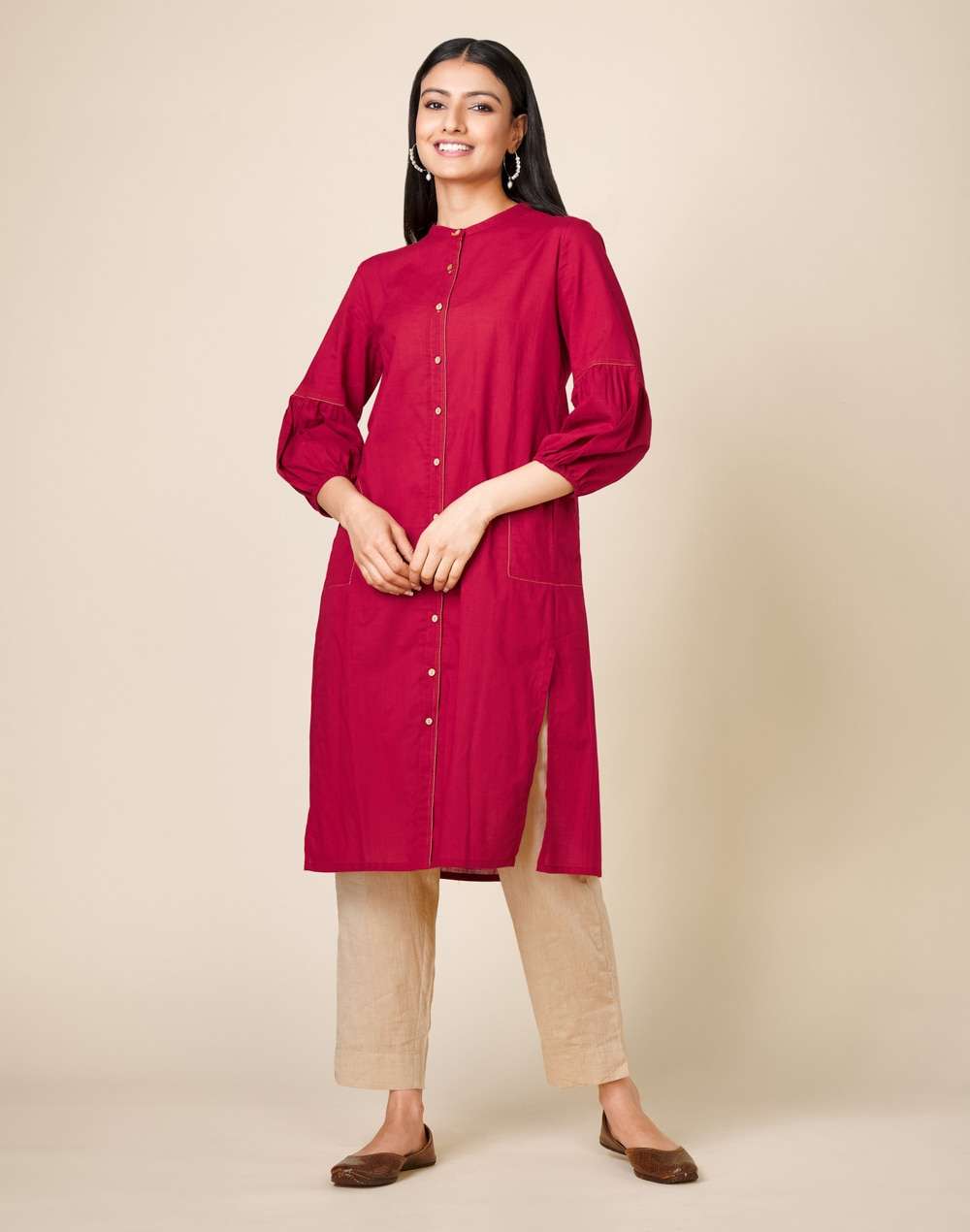 Cotton Front Open Knee Length Kurta