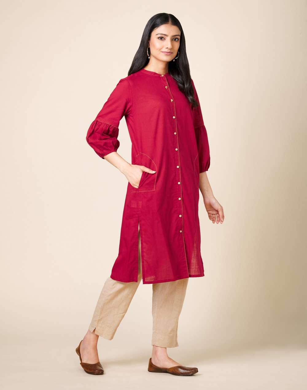 Cotton Front Open Knee Length Kurta
