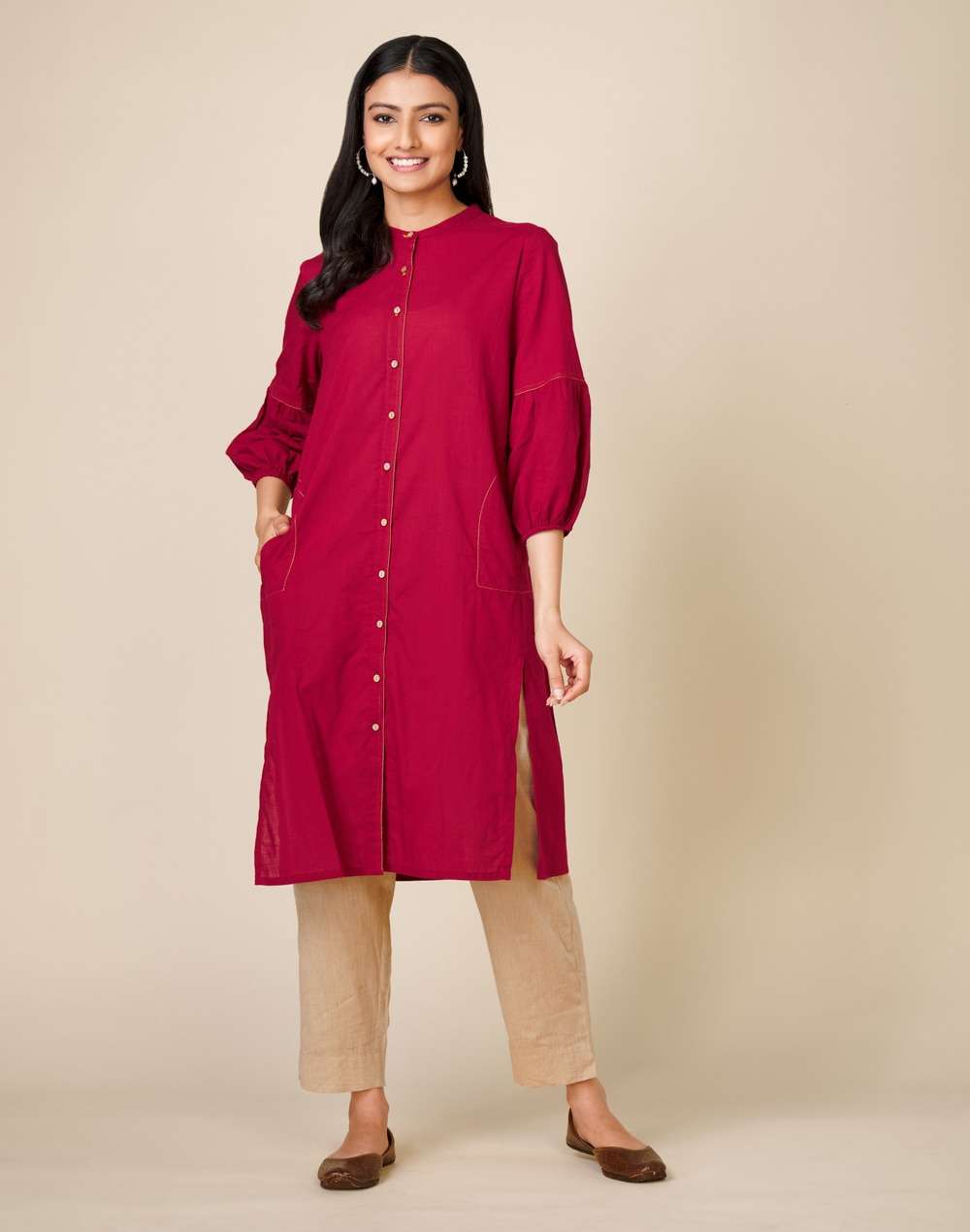 Cotton Front Open Knee Length Kurta