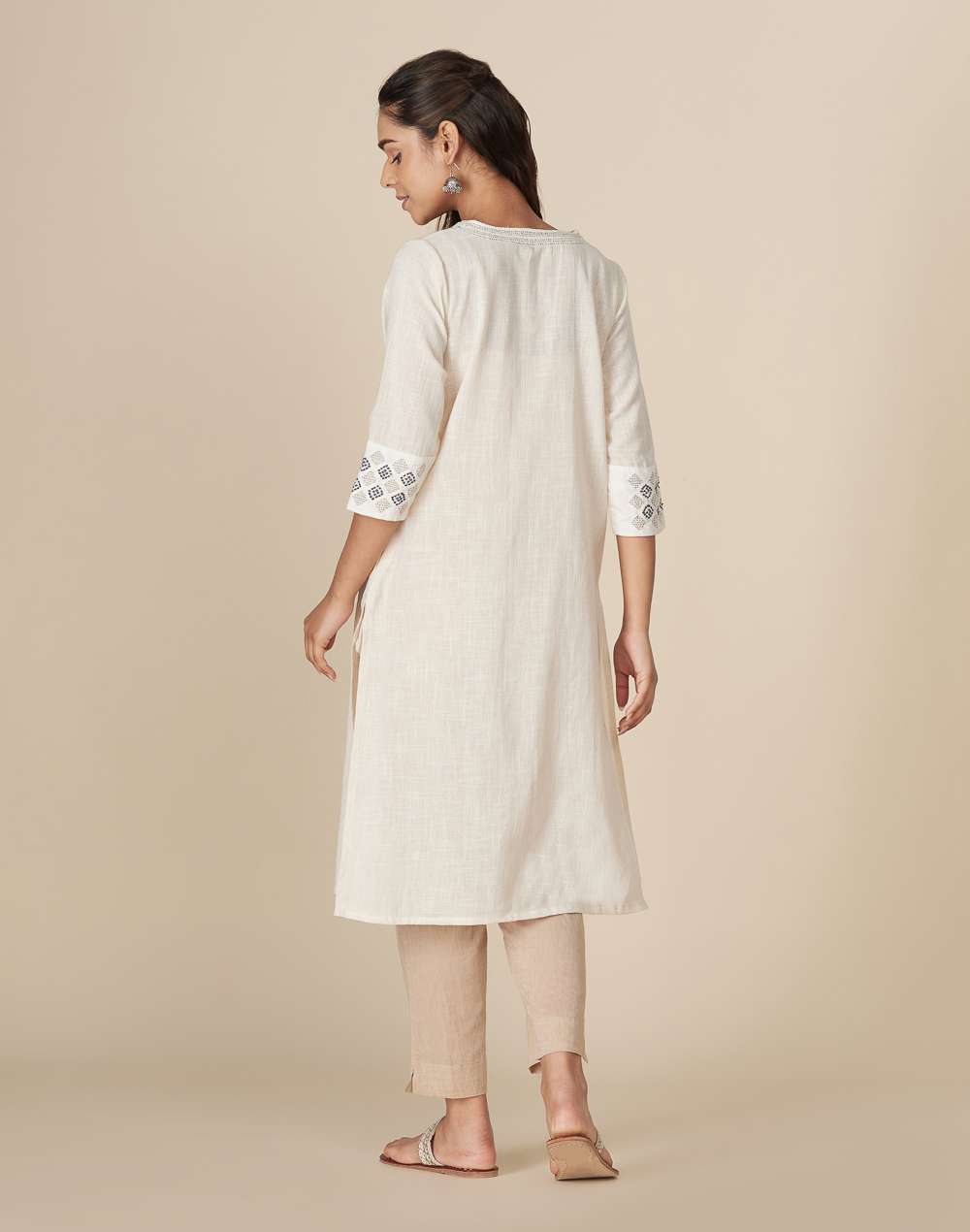 White Cotton Applique Long Kurta