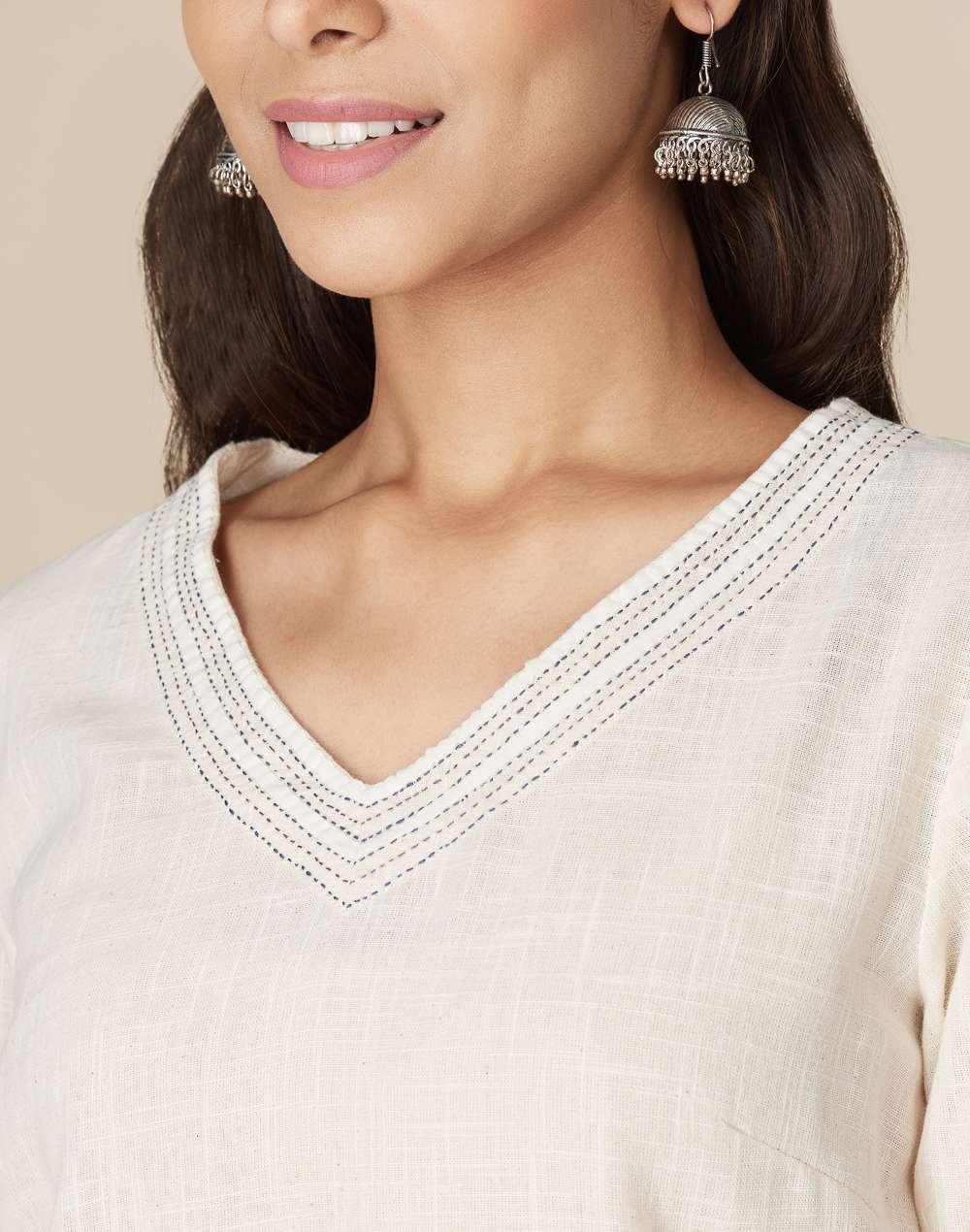 White Cotton Applique Long Kurta