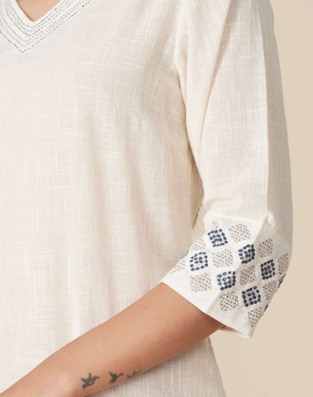 White Cotton Applique Long Kurta