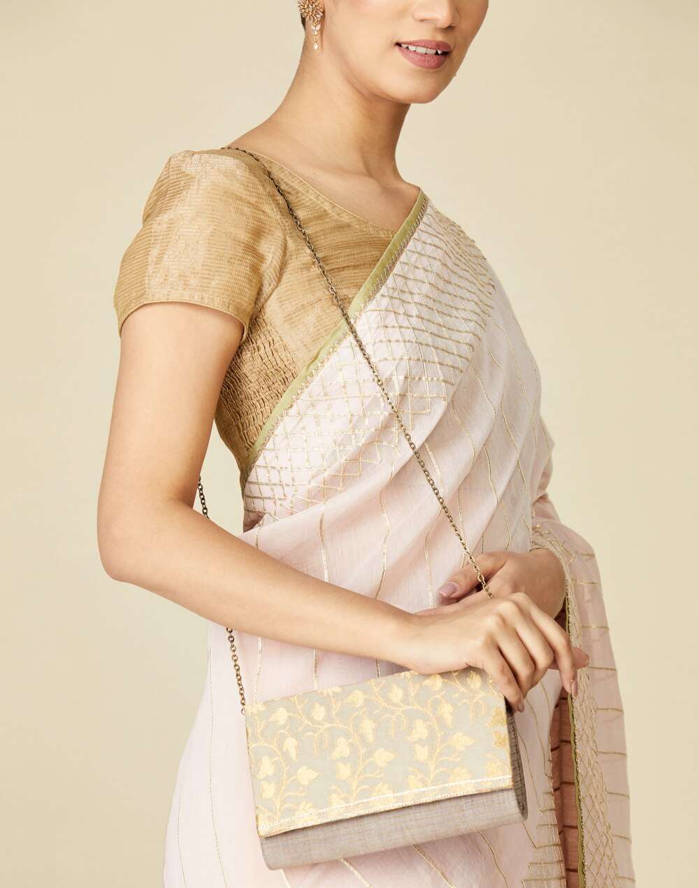 Contrast Trim Leaf Fabric Clutch Bag