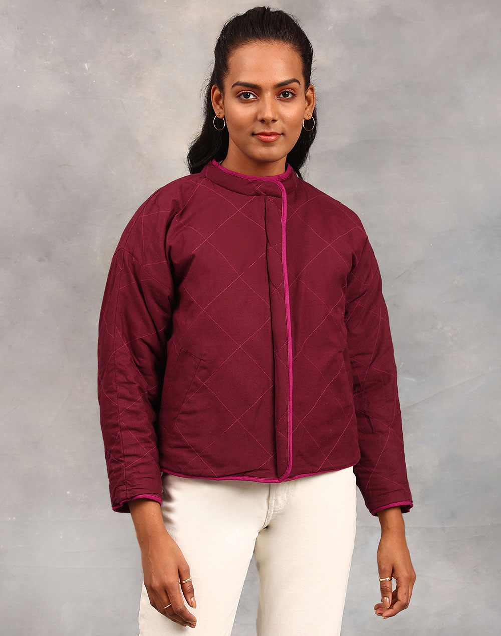 FabNu Purple Cotton Linen Flax Quilted Reversible Jacket