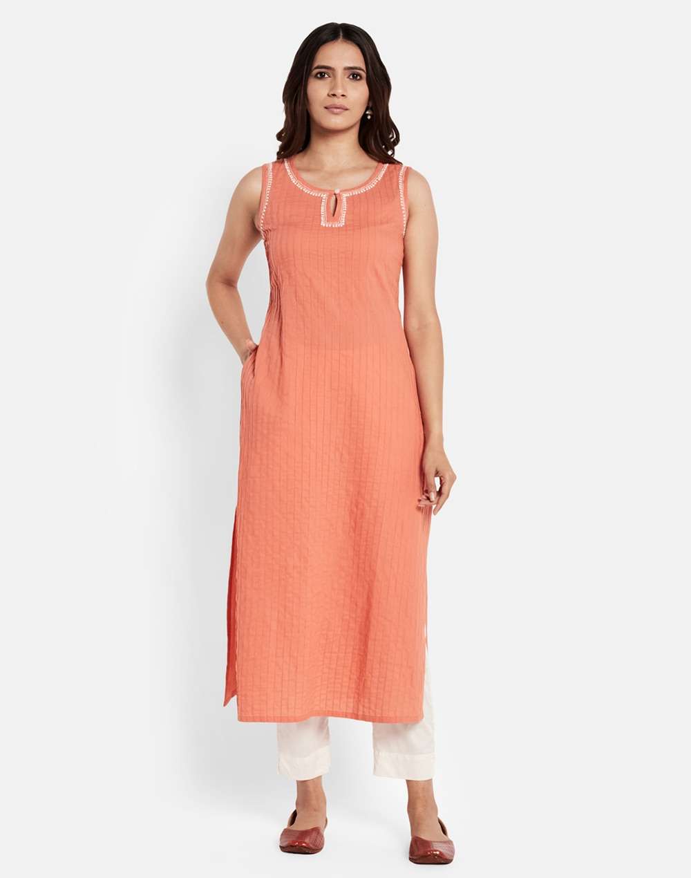 Cotton Chikankari Slim Fit Long Kurta