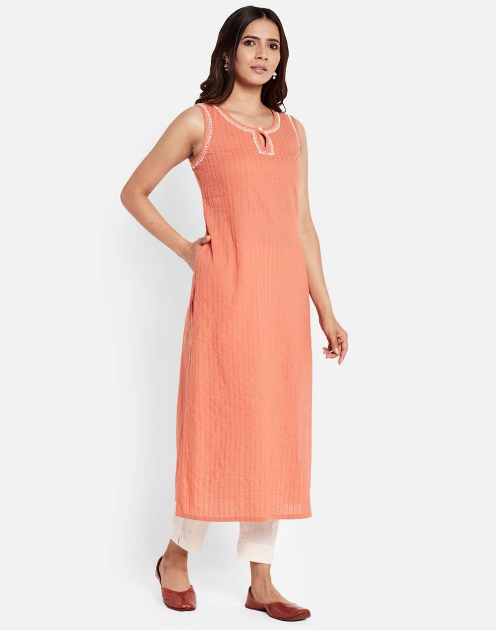 Cotton Chikankari Slim Fit Long Kurta