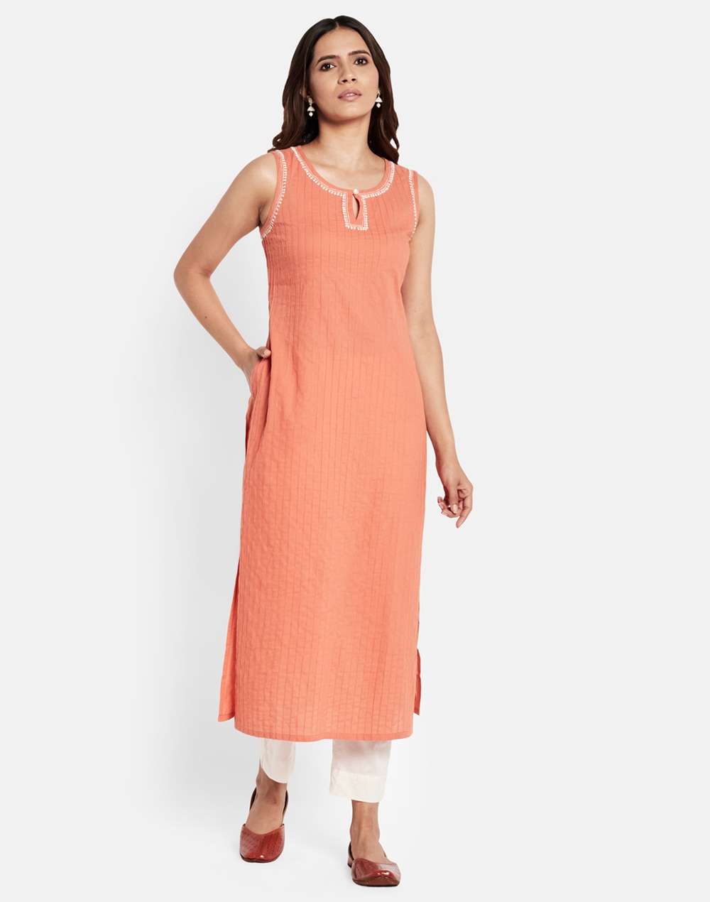 Cotton Chikankari Slim Fit Long Kurta