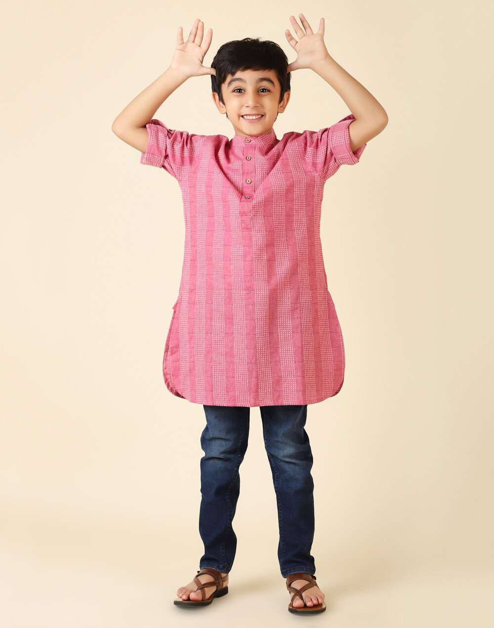 Cotton Roll Up Sleeves Long Kurta