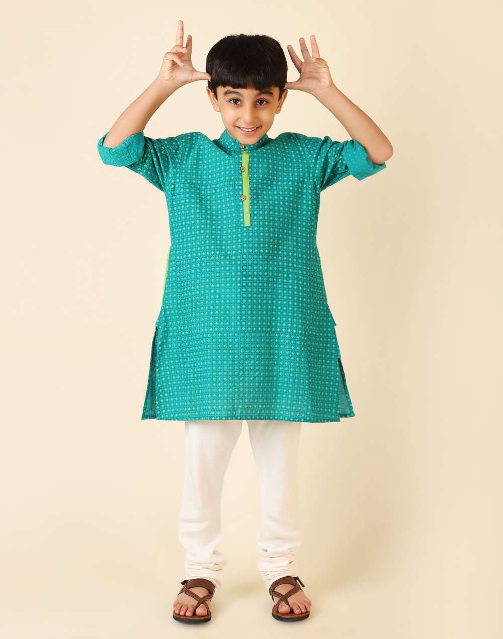 Turquoise Cotton Printed Long Kurta
