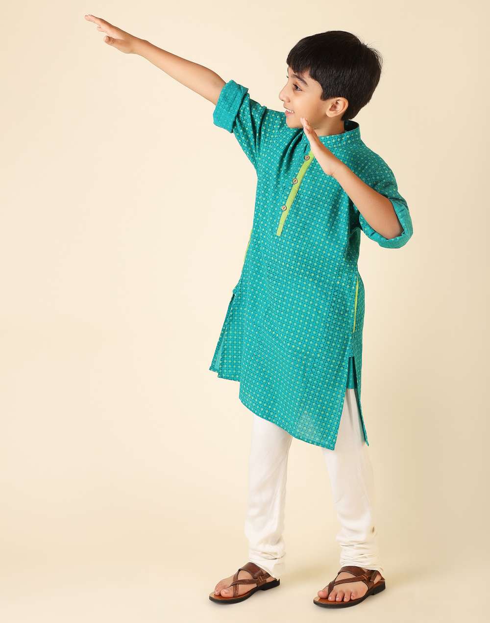 Turquoise Cotton Printed Long Kurta