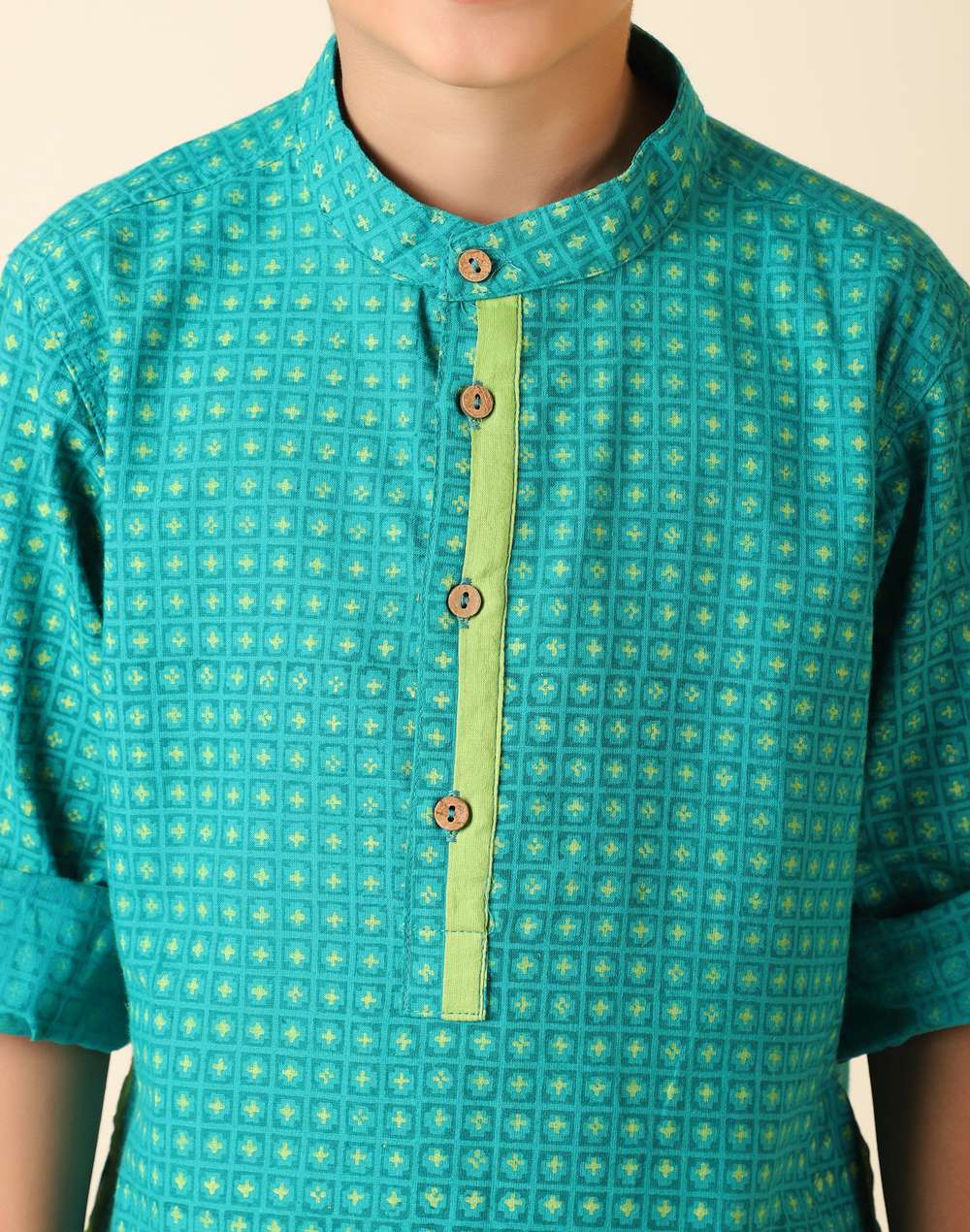 Turquoise Cotton Printed Long Kurta