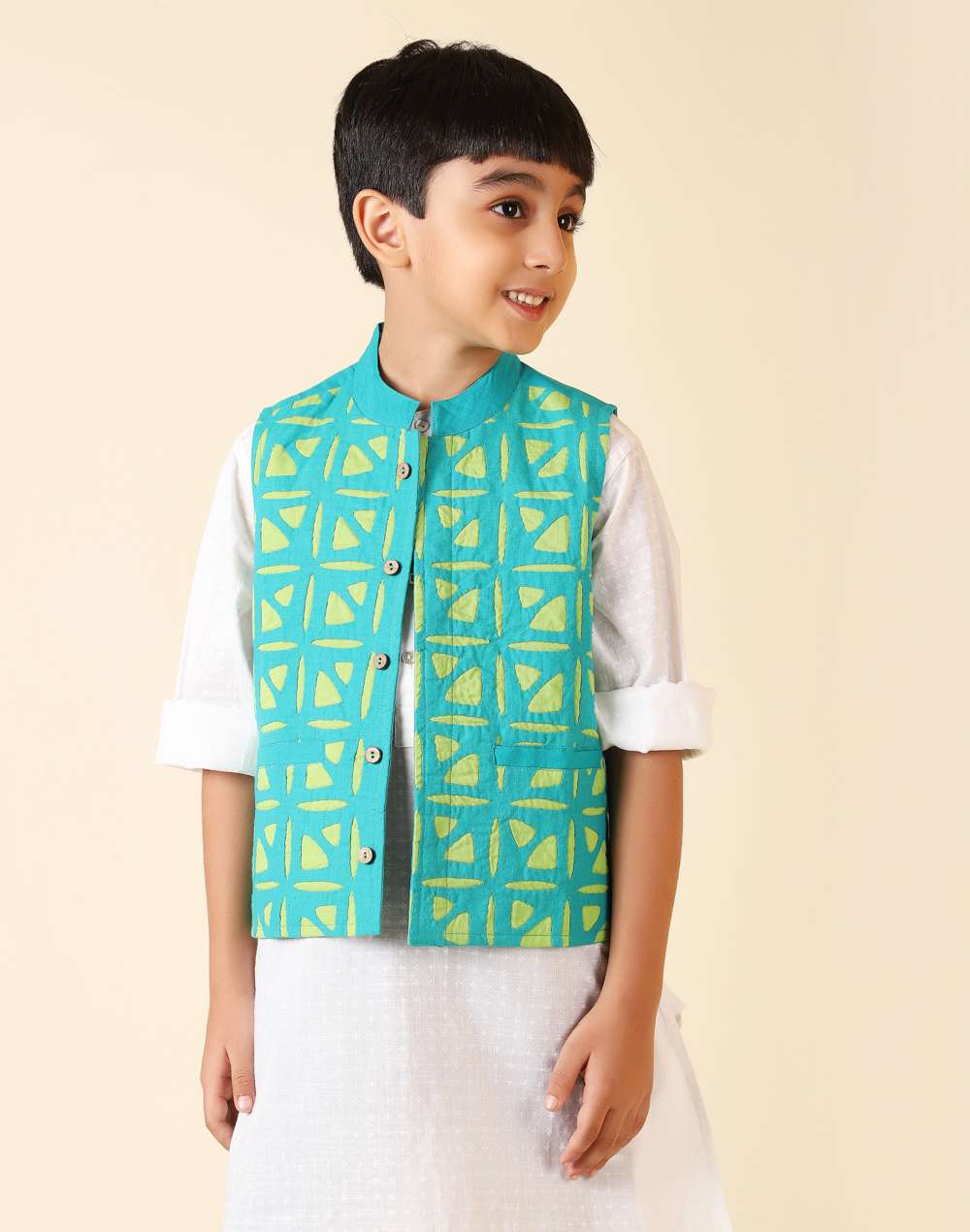 Teal Cotton Chinese Collar Jacket