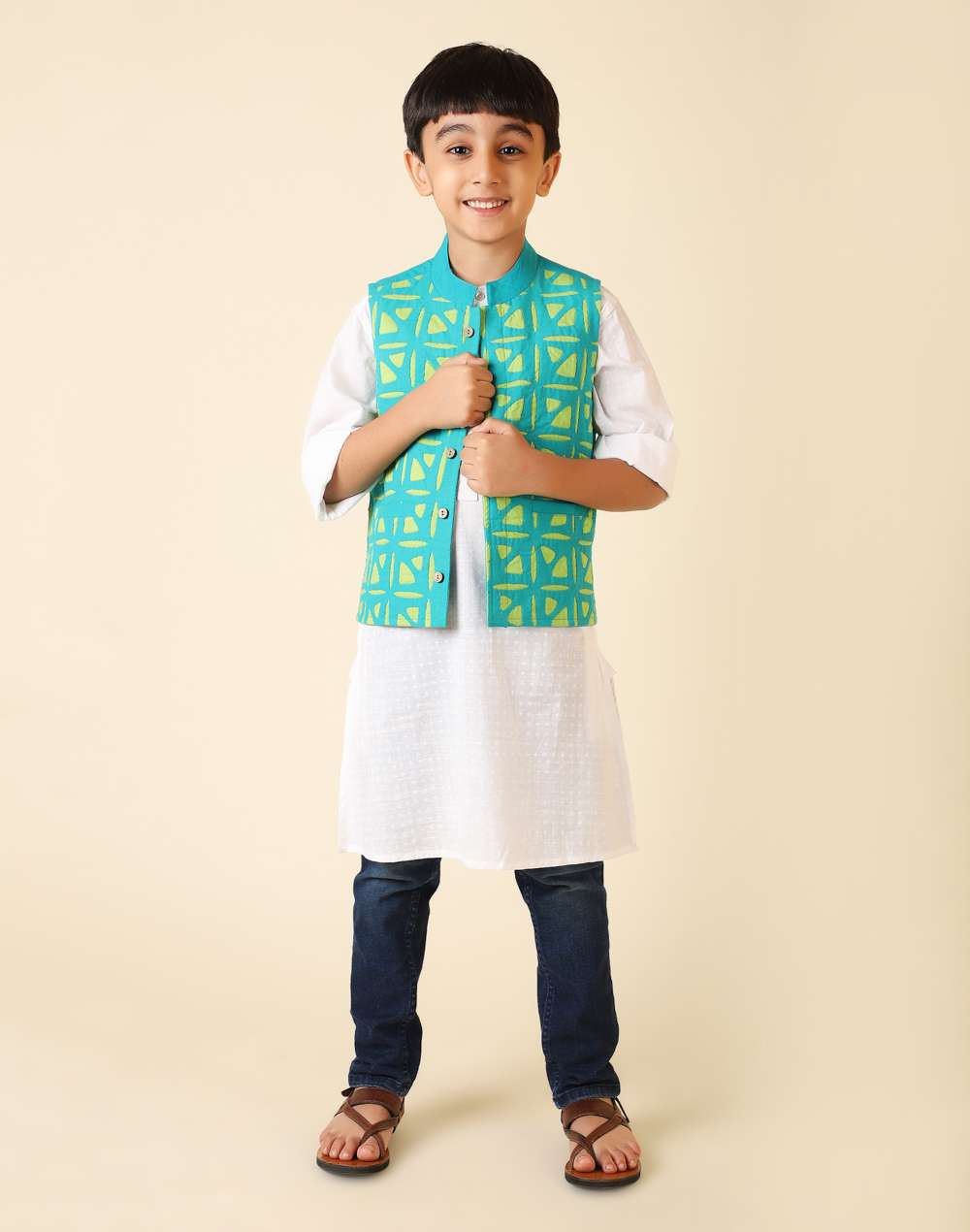 Teal Cotton Chinese Collar Jacket