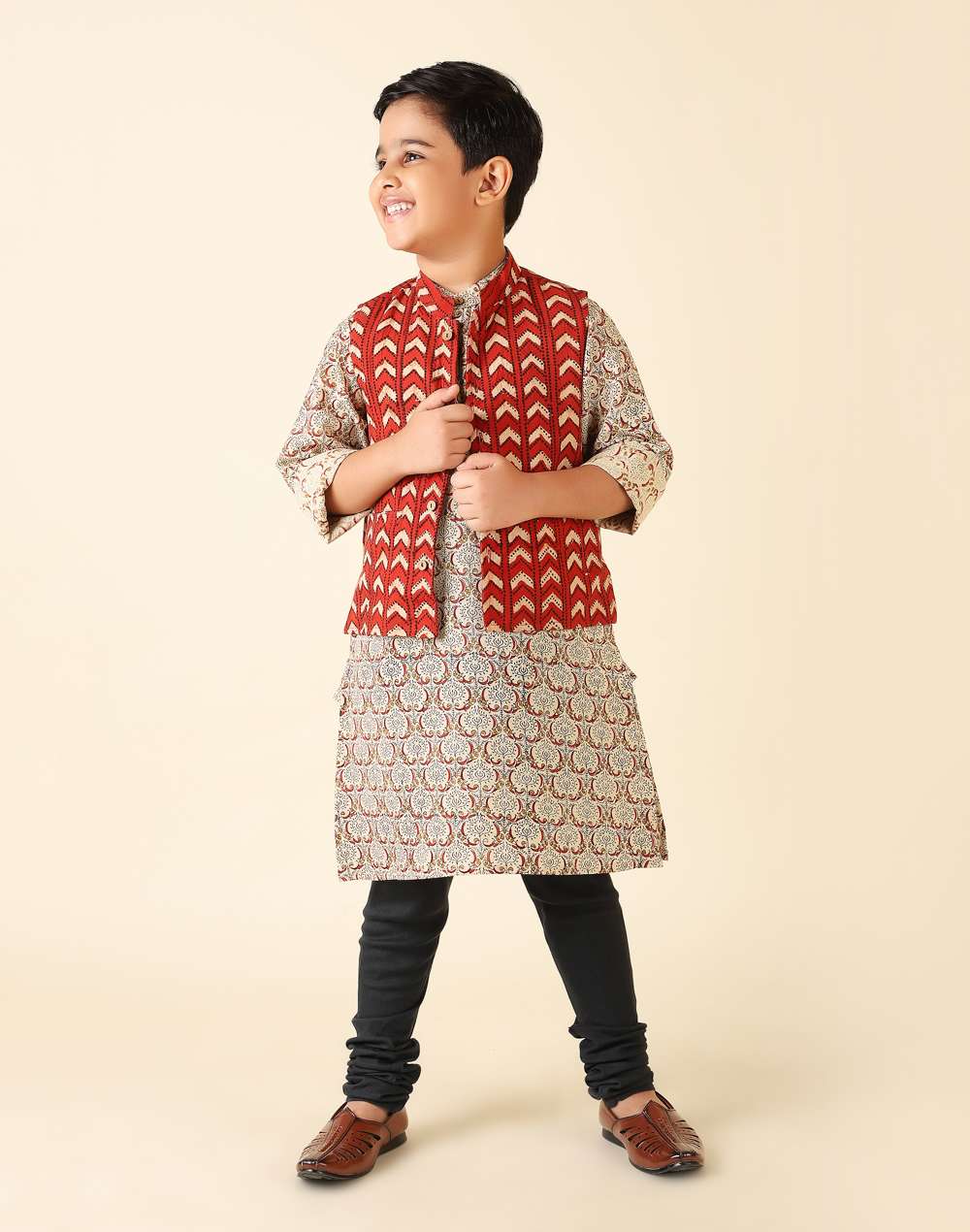Beige Cotton Printed Kurta Set