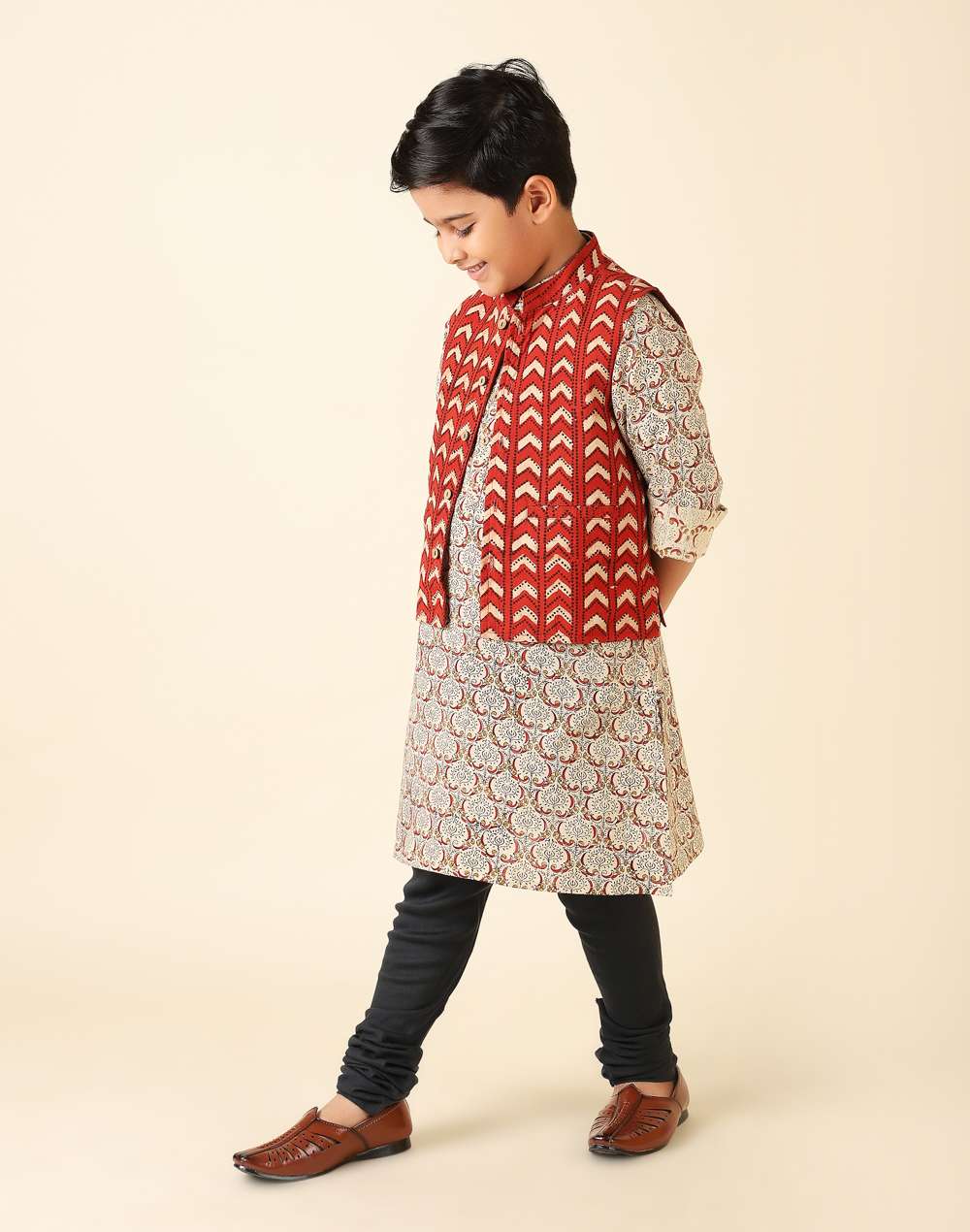 Beige Cotton Printed Kurta Set