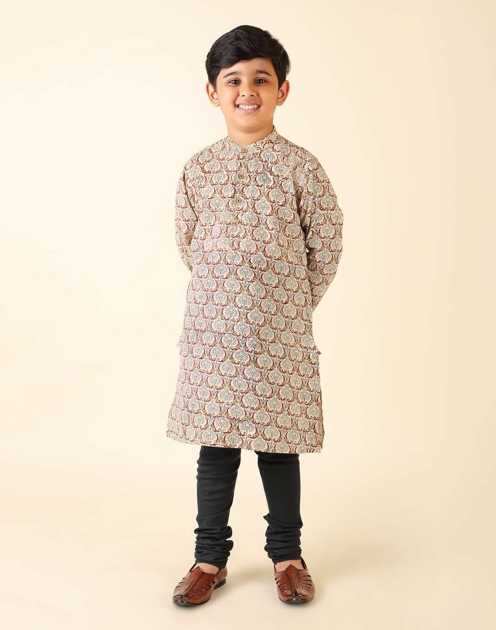 Beige Cotton Printed Kurta Set