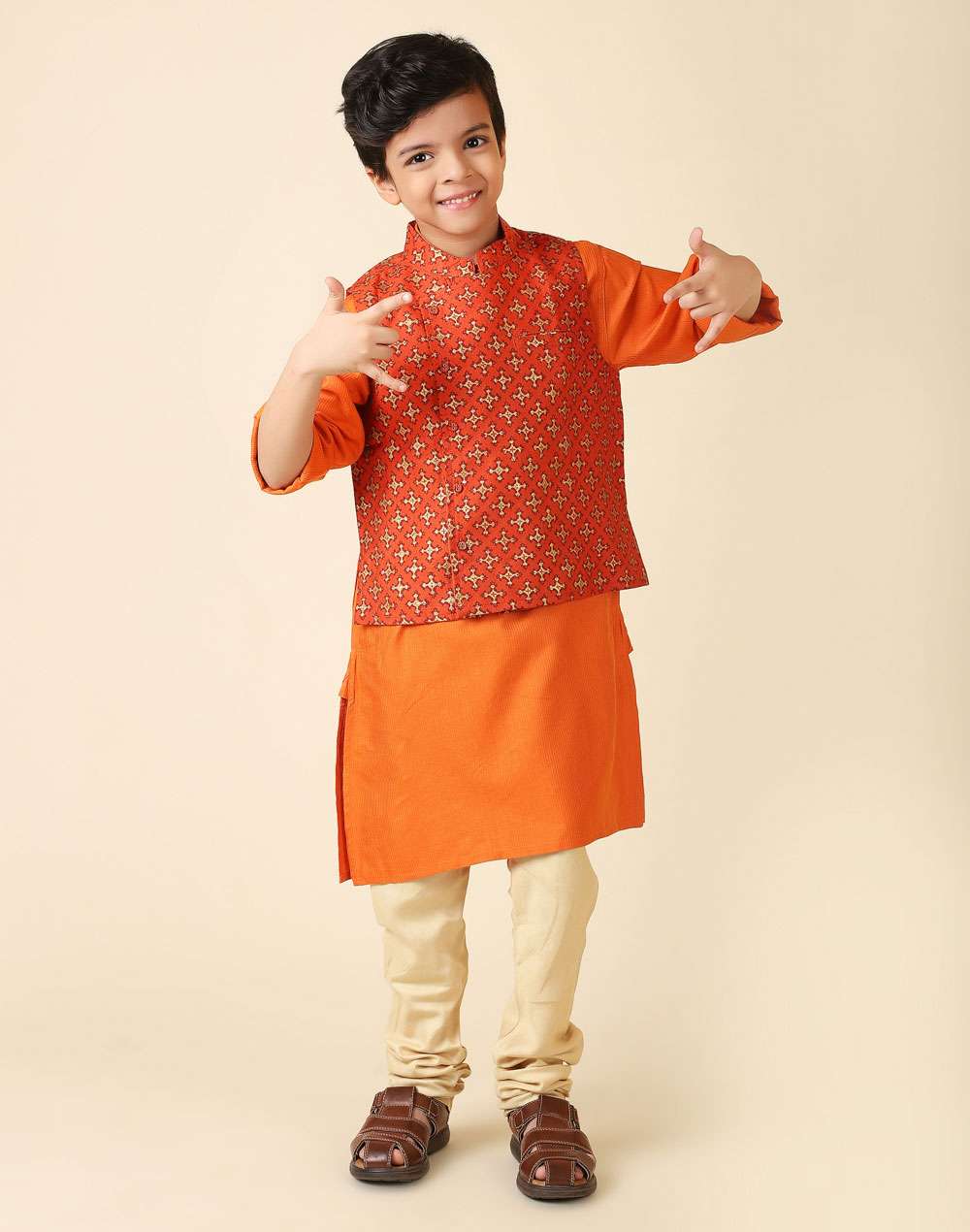 Orange Viscose Blend Printed Kurta Set