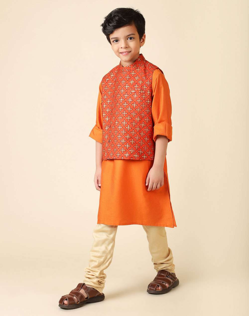 Orange Viscose Blend Printed Kurta Set
