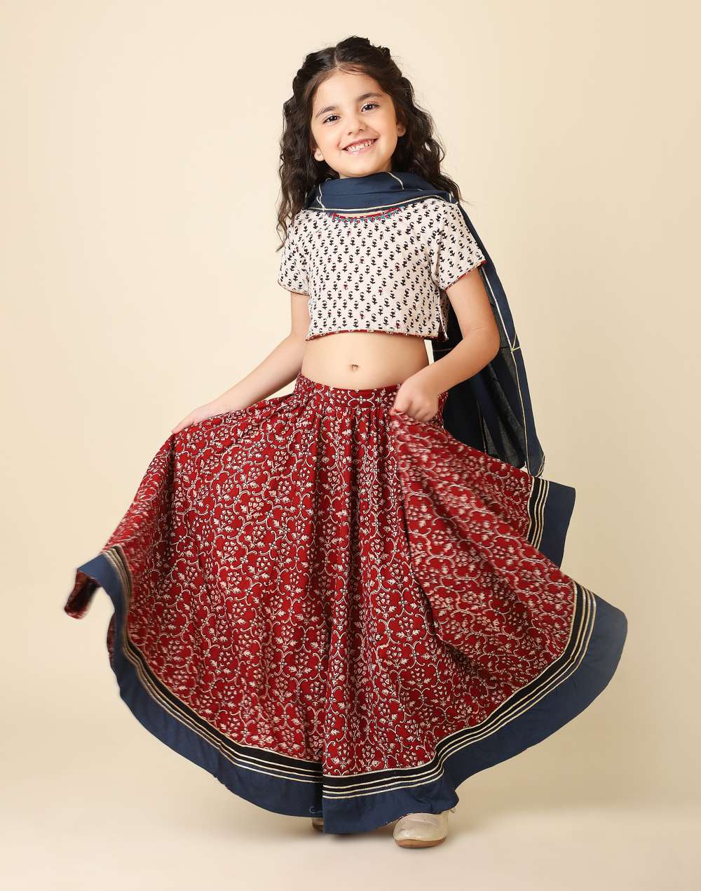Maroon Cotton Printed Lehenga Set