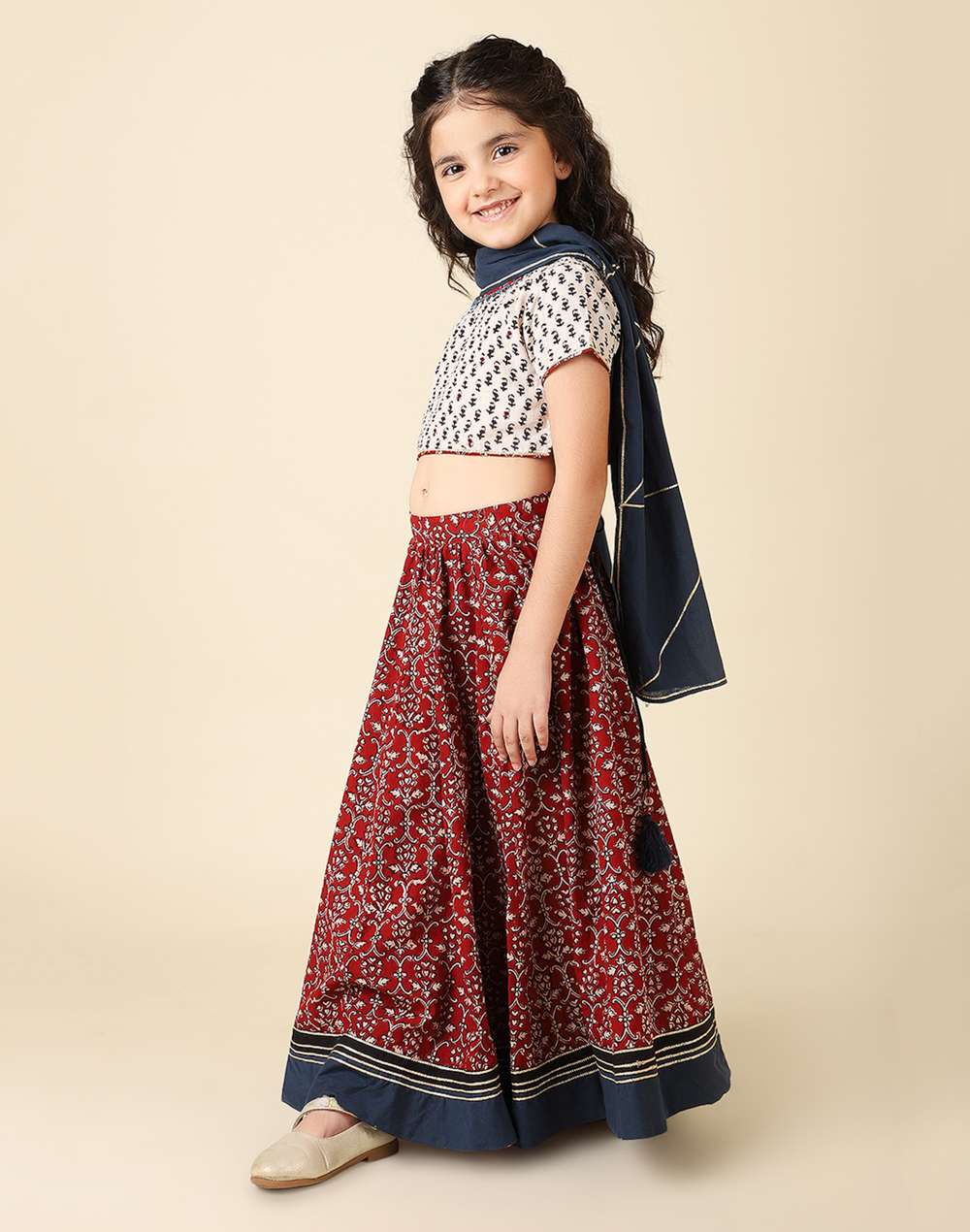 Maroon Cotton Printed Lehenga Set