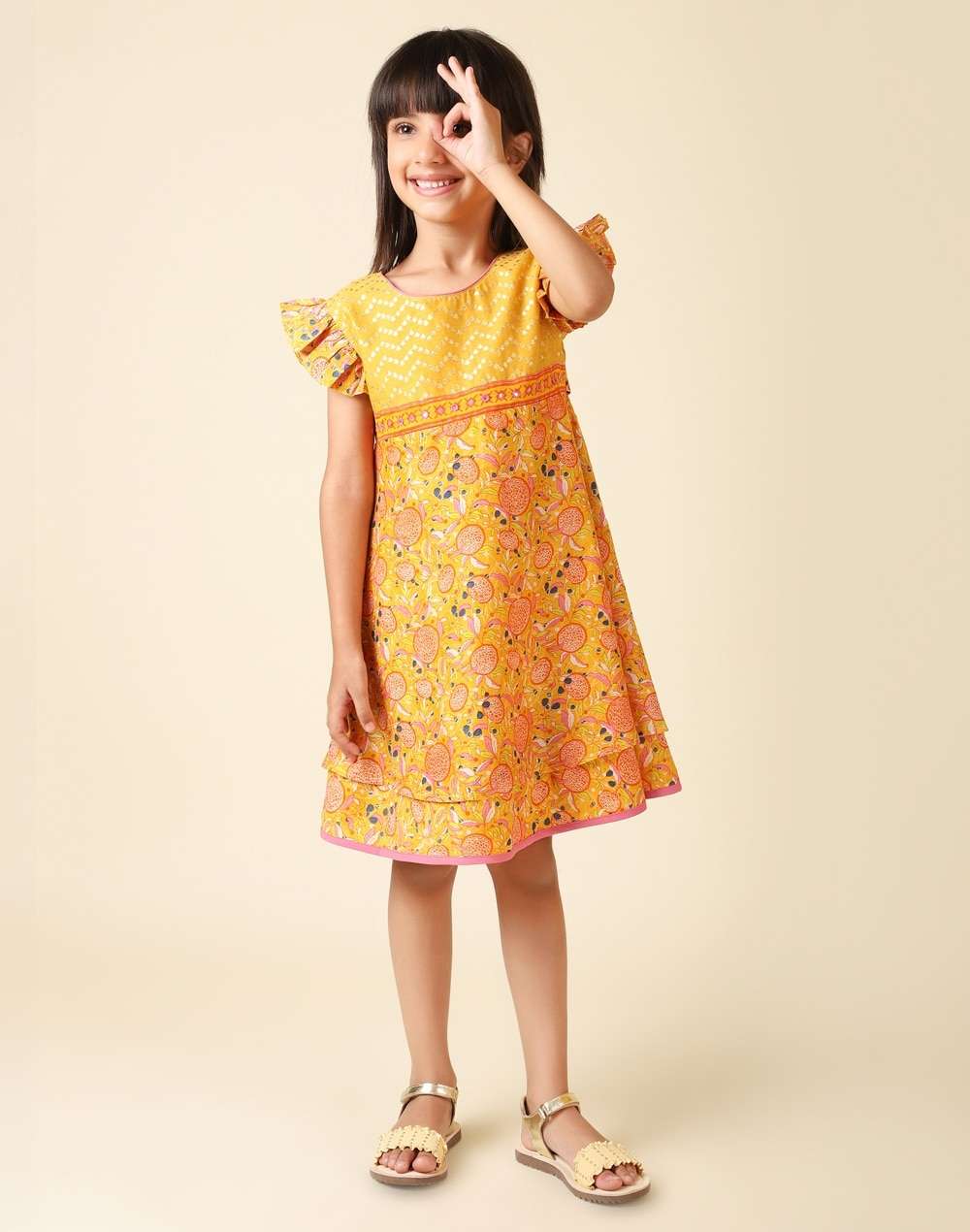 Gathered Sleeves Cotton Silk Printed Dress