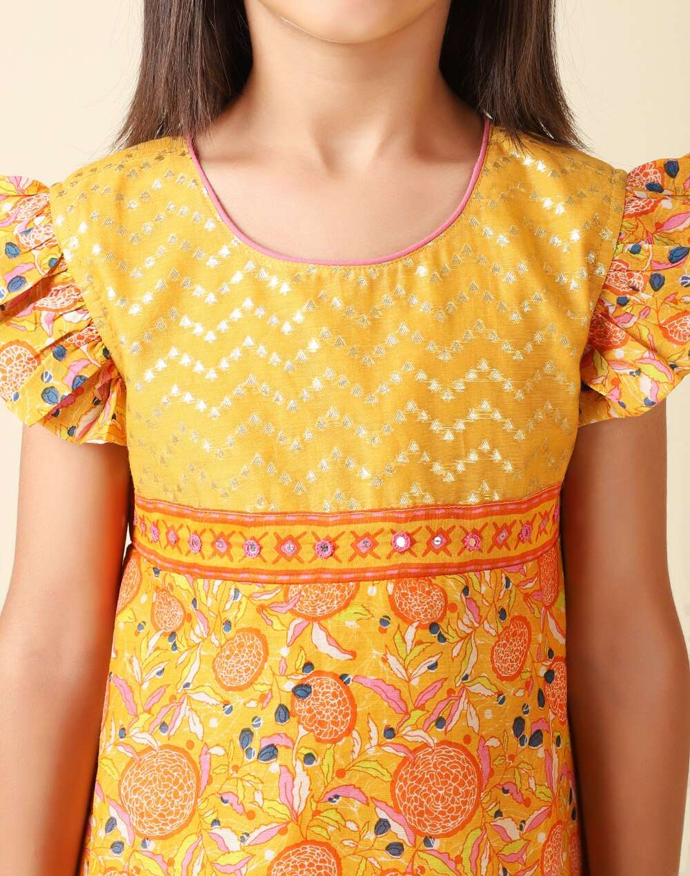 Gathered Sleeves Cotton Silk Printed Dress