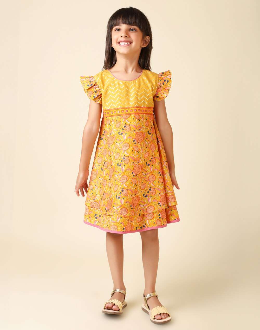 Gathered Sleeves Cotton Silk Printed Dress