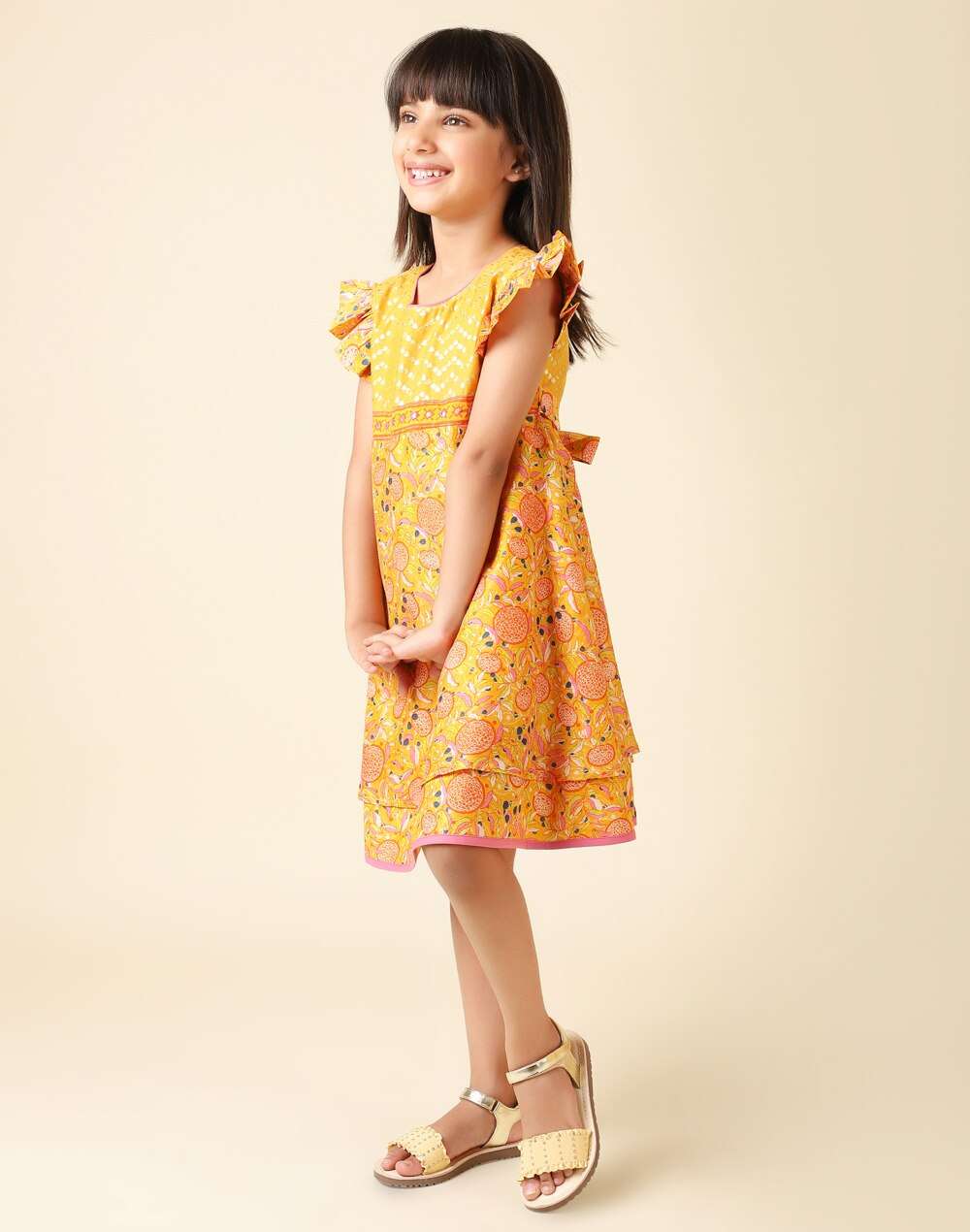 Gathered Sleeves Cotton Silk Printed Dress
