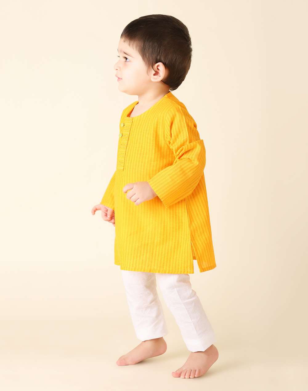 Yellow Cotton Striped Long Kurta