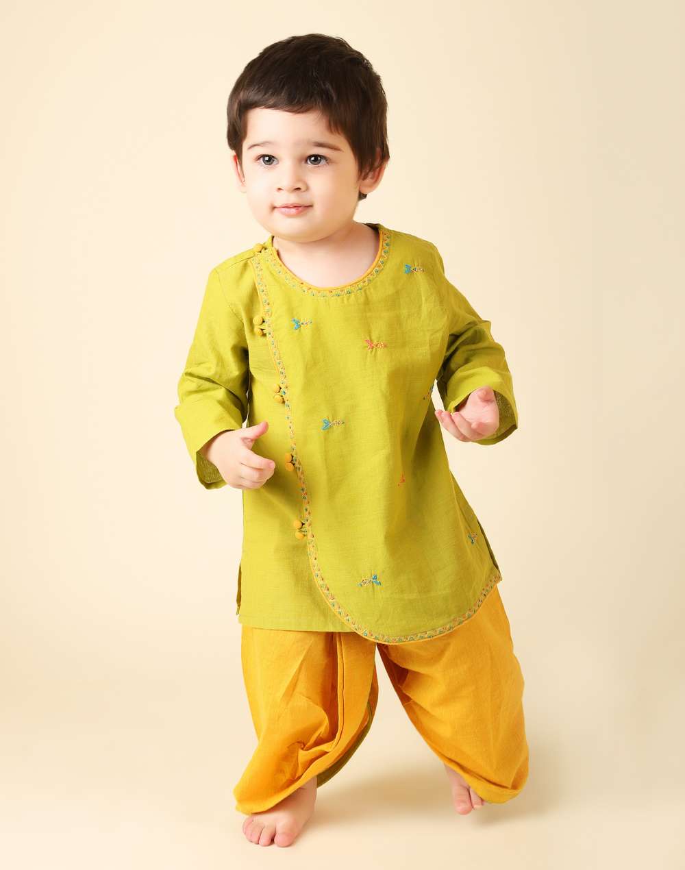 Green Cotton Embroidered Dhoti Set