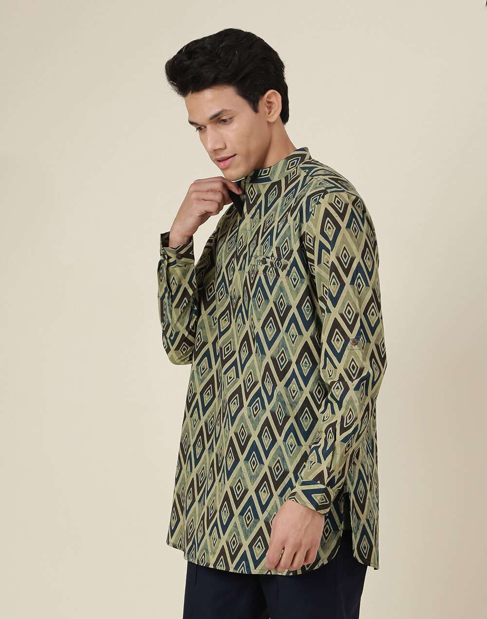 Chinese Collar Cotton Cambric Slim Fit Short Printed Kurta