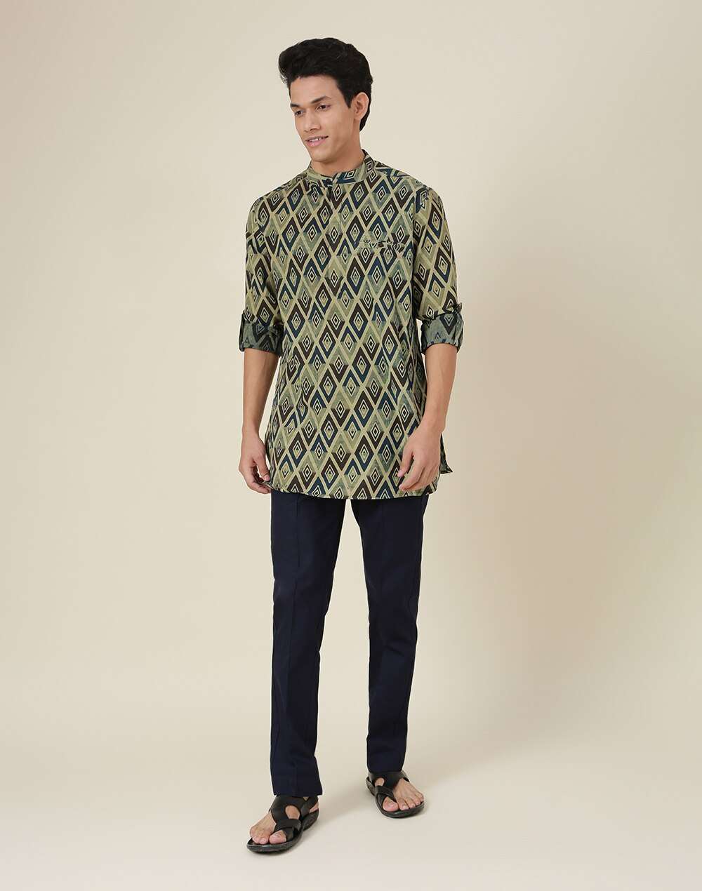 Chinese Collar Cotton Cambric Slim Fit Short Printed Kurta