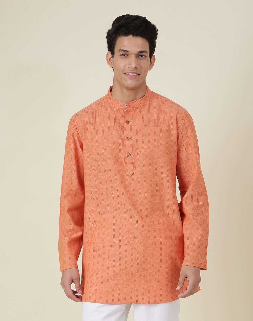 Chinese Collar Geometric Woven Cotton Dobby Short Kurta