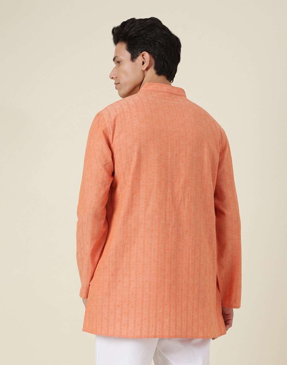 Chinese Collar Geometric Woven Cotton Dobby Short Kurta