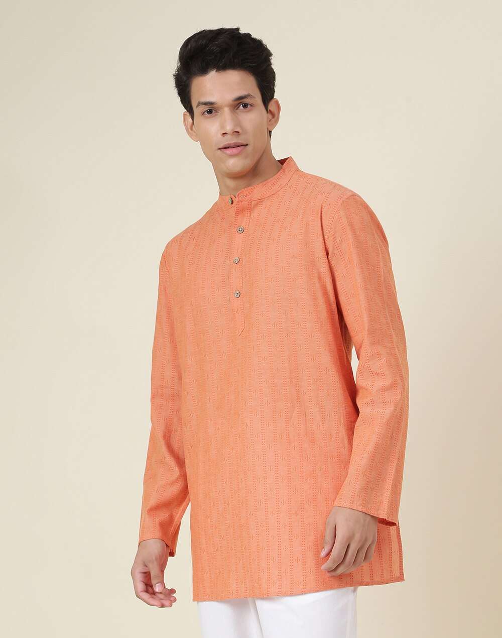 Chinese Collar Geometric Woven Cotton Dobby Short Kurta