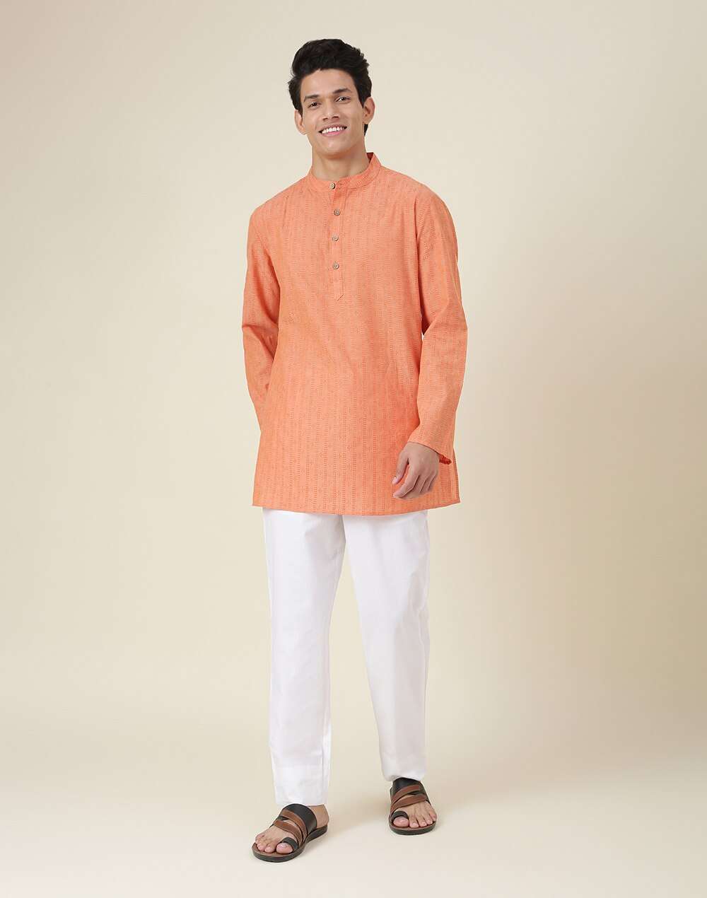 Chinese Collar Geometric Woven Cotton Dobby Short Kurta