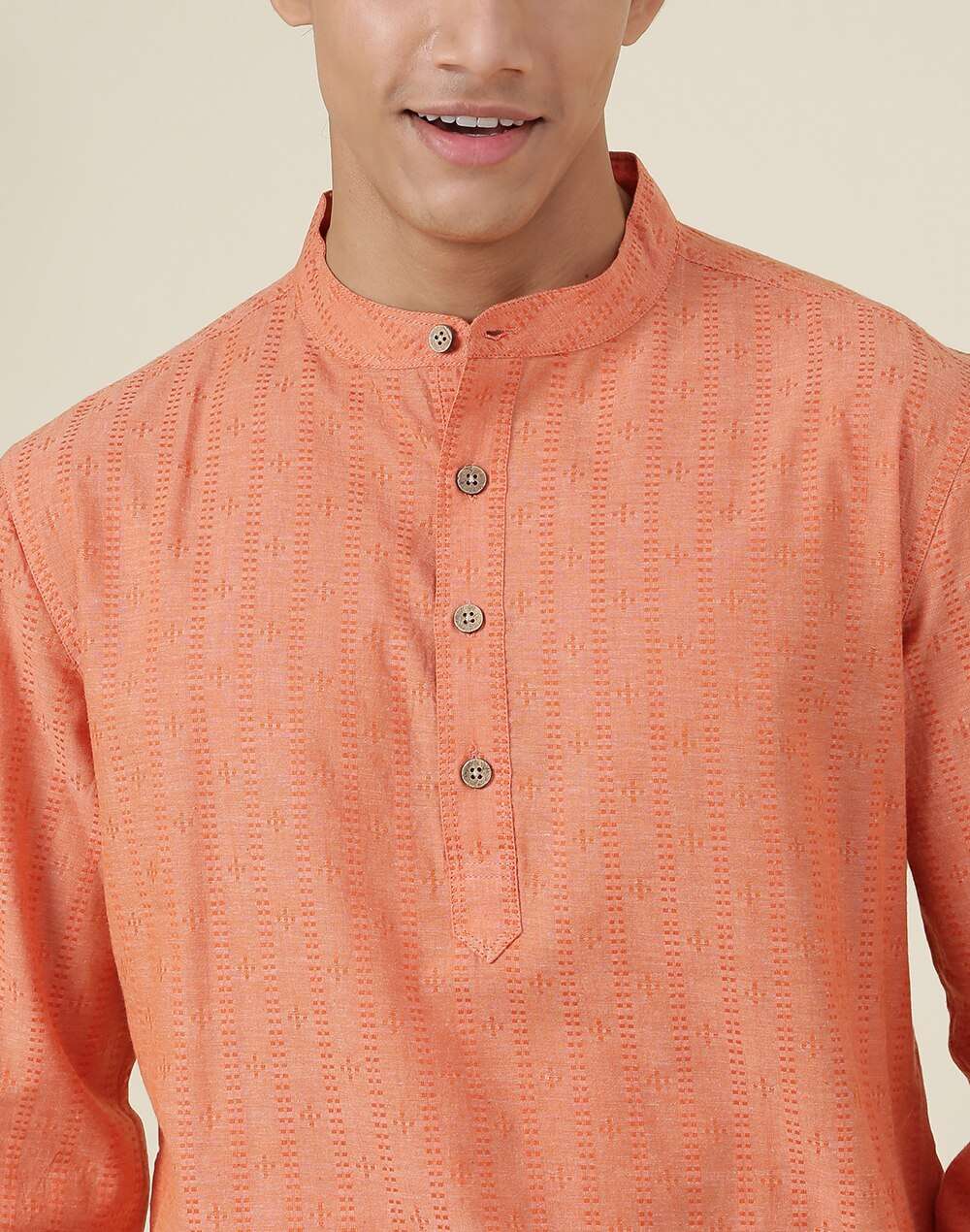Chinese Collar Geometric Woven Cotton Dobby Short Kurta